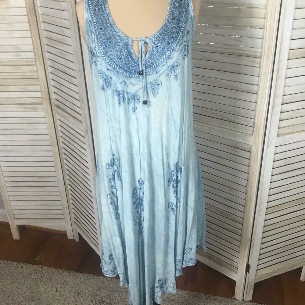 Emily Stacy Boho Blue Hippie Dress w/beads NEW OS